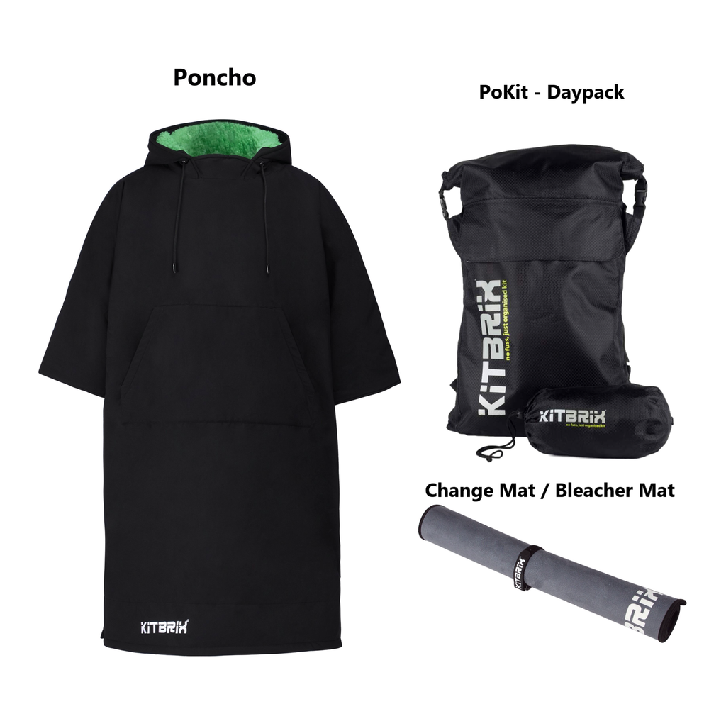 USA Market Bundle with PoKit Waterproof-Daypack-Compact, Quick Dry Microfiber Towel, seat mat and Eco-Friendly Poncho for Outdoor Activities.