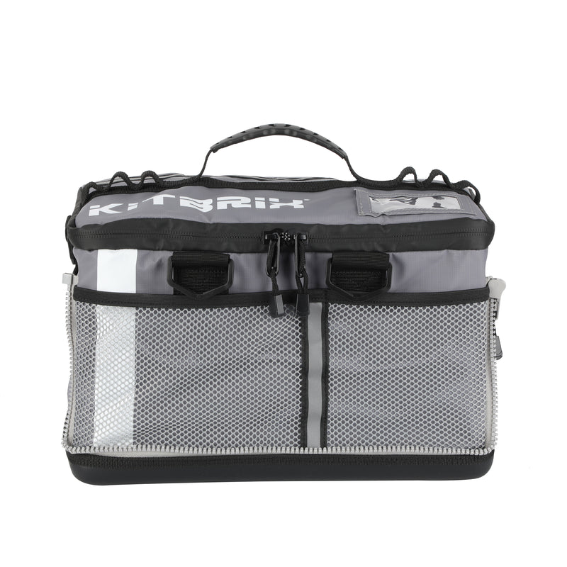 Grey Triathlon transition bag featuring two mesh pockets, ideal for organizing smaller gear and accessories