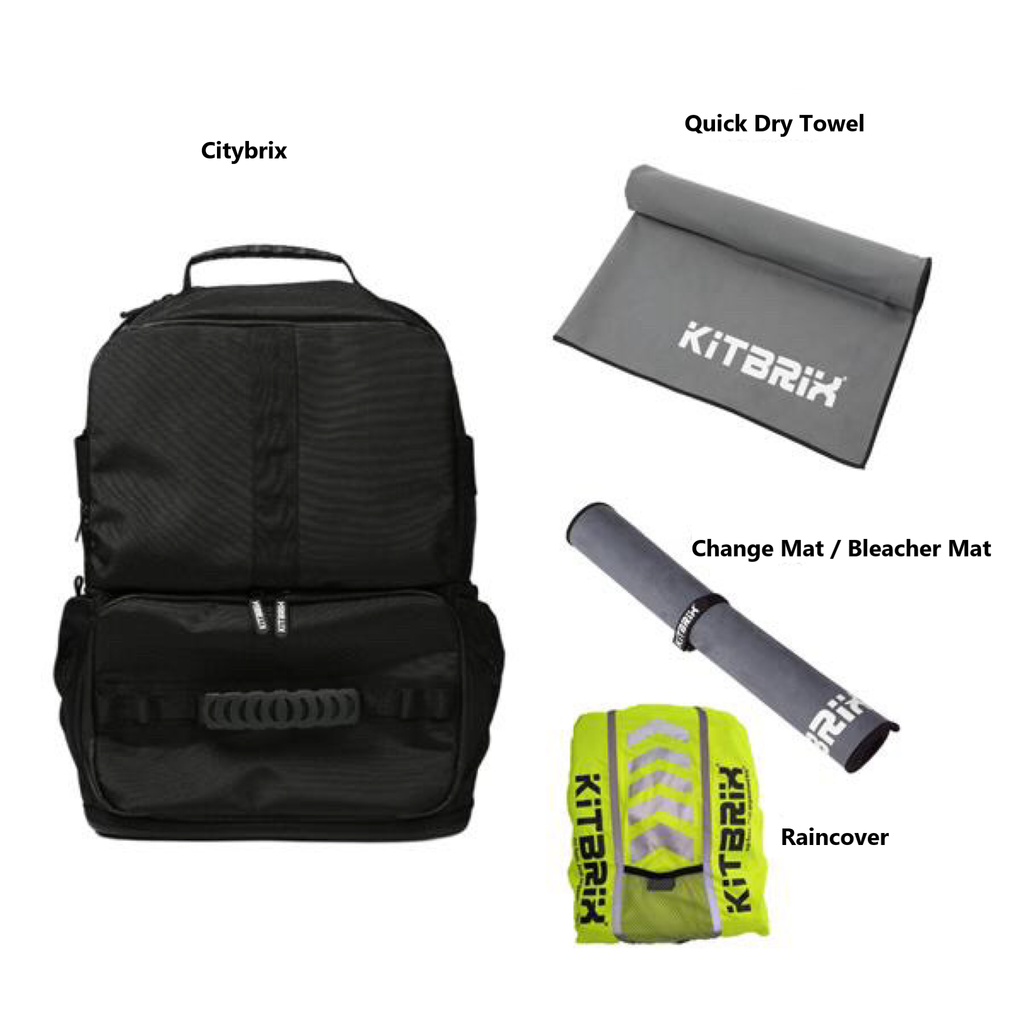 This is gym commuter bundle for fitness training including the Citybrix, quick dry towel, change mat/bleacher mat and raincover.