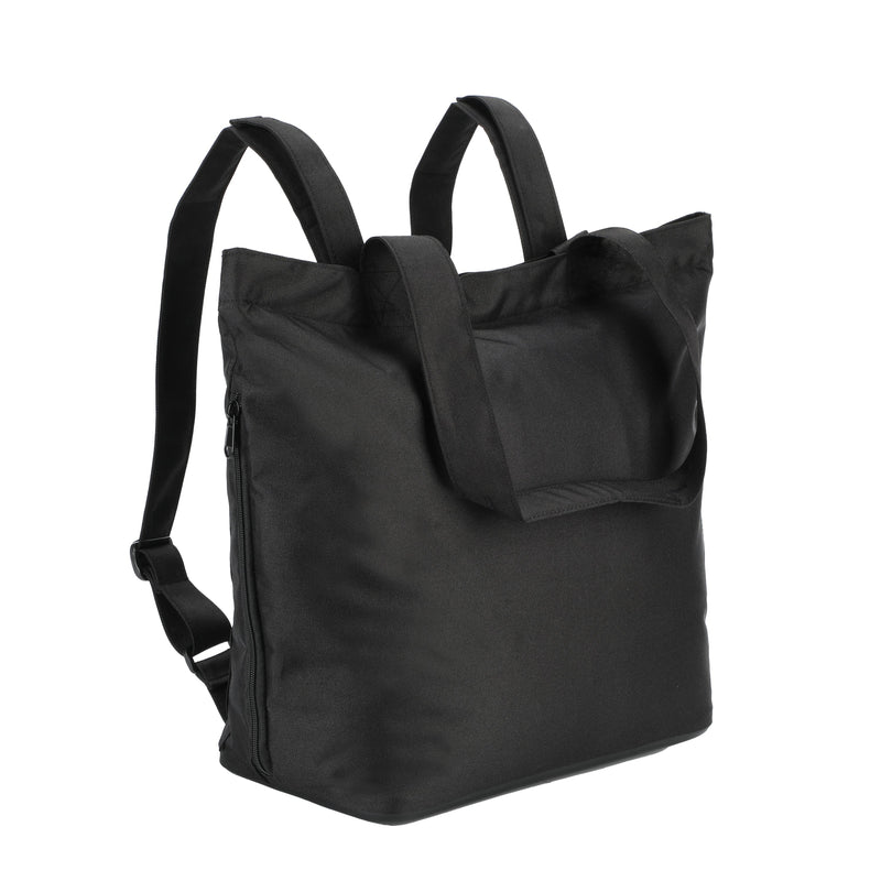 Sustainable tote bag with a back laptop pocket and two way use for easy transition between carrying styles