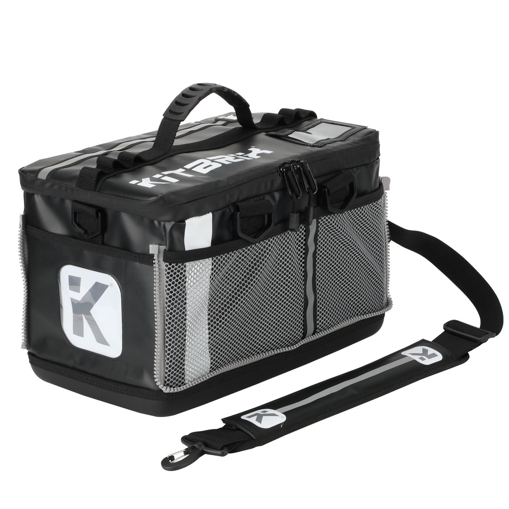 Front view of the KitBrix Triathlon transition bag with the new black zipper, showcasing the sleek design and improved functionality