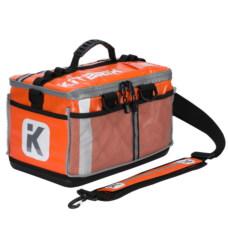 Orange Triathlon transition bag featuring two mesh pockets, ideal for organizing smaller gear and accessories