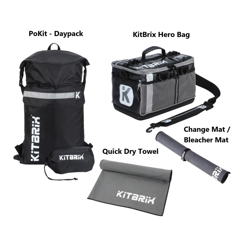 This is your best outdoors gear including the pokit-daypack , kitbrix hero bag , quick dry towel and change mat/ beacher mat.