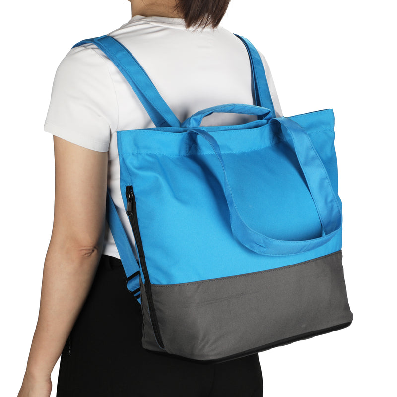 Versatile eco tote with a waterproof base designed for backpack or shoulder carry