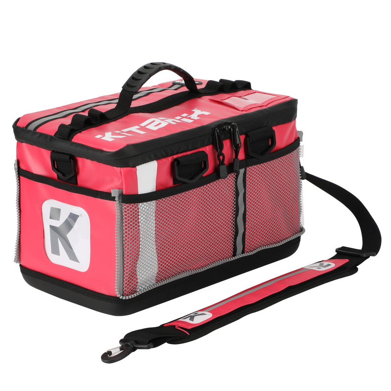 Pink Triathlon transition bag featuring two mesh pockets, ideal for organizing smaller gear and accessories