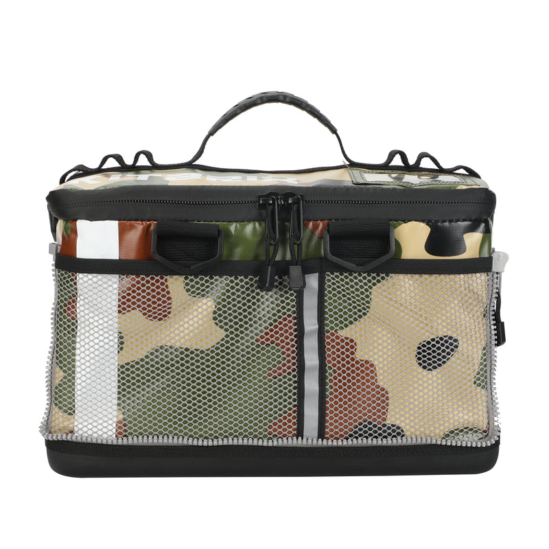 Camo Triathlon transition bag featuring two mesh pockets, ideal for organizing smaller gear and accessories