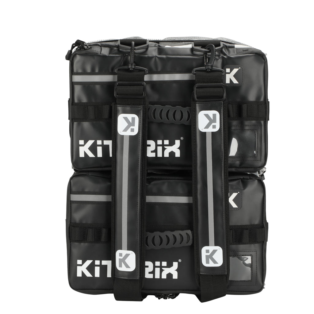 Triathlon transition bag with two bags zipped together for easy storage and organization