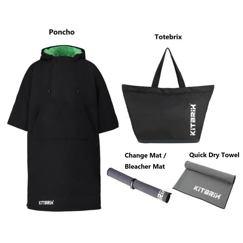 Complete Outdoor Set: Poncho, Dry Bag, Towel, and Transition Mat. Breathable Waterproof Poncho with Dry Bag and Towel Bundle for Athletes.