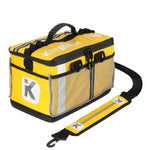 Side view of the upgraded yellow transition bag with the durable black zipper and rugged exterior