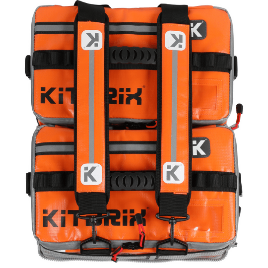 Complete view of the orange sports gear bag with both components zipped together