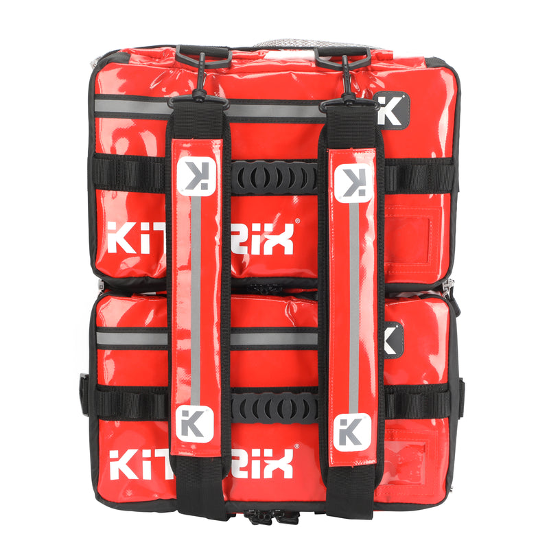 red Waterproof triathlon transition bag with features designed for athletes, including zippered sections and a durable base